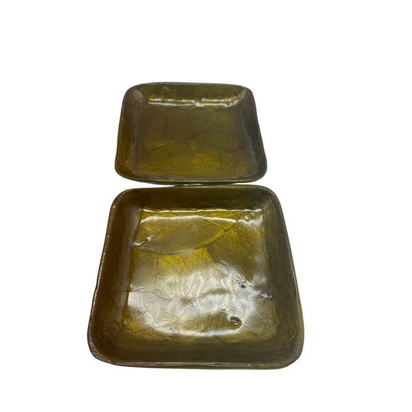 Vtg set 5 pc COLORIZED CAPIZ SHELL tray & plates.Orange,Green,Gold Mascagni look - Picture 4 of 9